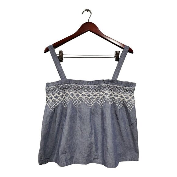 Current/Elliot Women's Chambray Smocked Embroidered Tank Top Blue White Sz 1, Sm - Picture 3 of 11